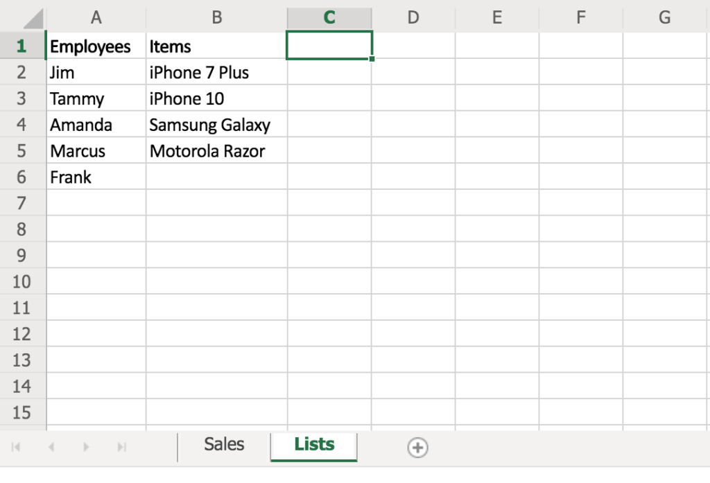 Excel Table with new tab to hold drop down lists