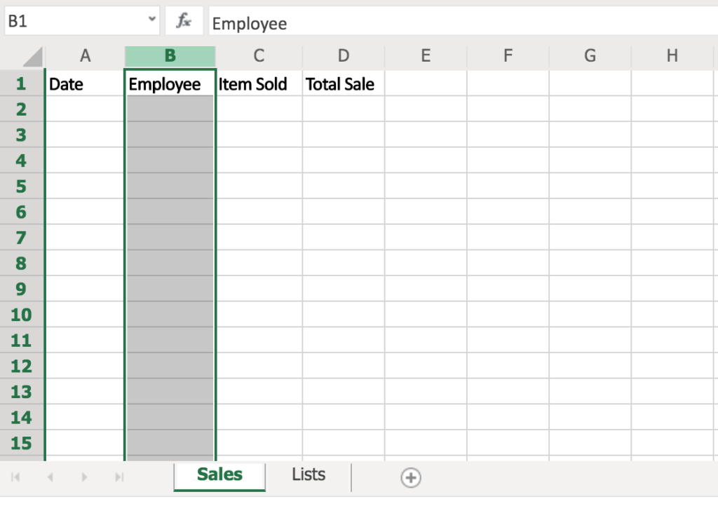 Excel Table with Column B Highlighted