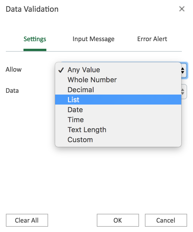 Data Validation popbux box with "List" option highlight