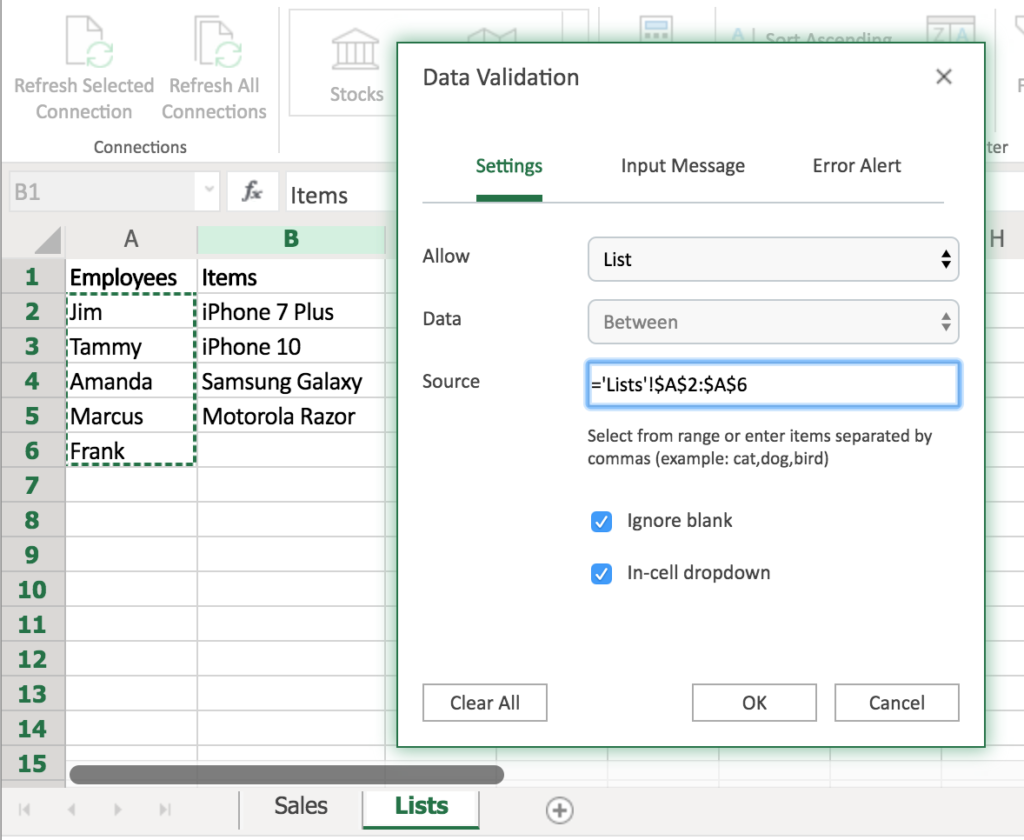 Data Validation with A2 : A6 cells selected as drop down list range