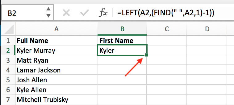 place cursor in bottom right corner of excel cell to see + symbol