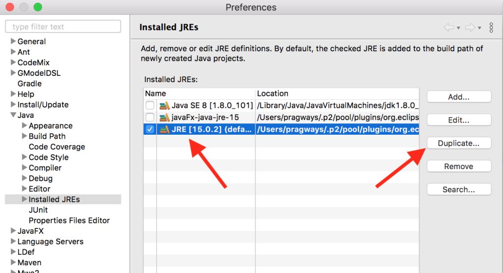 Duplicate the default JRE in Eclipse 
